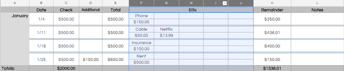 Weekly Budget Sheet - Bills
